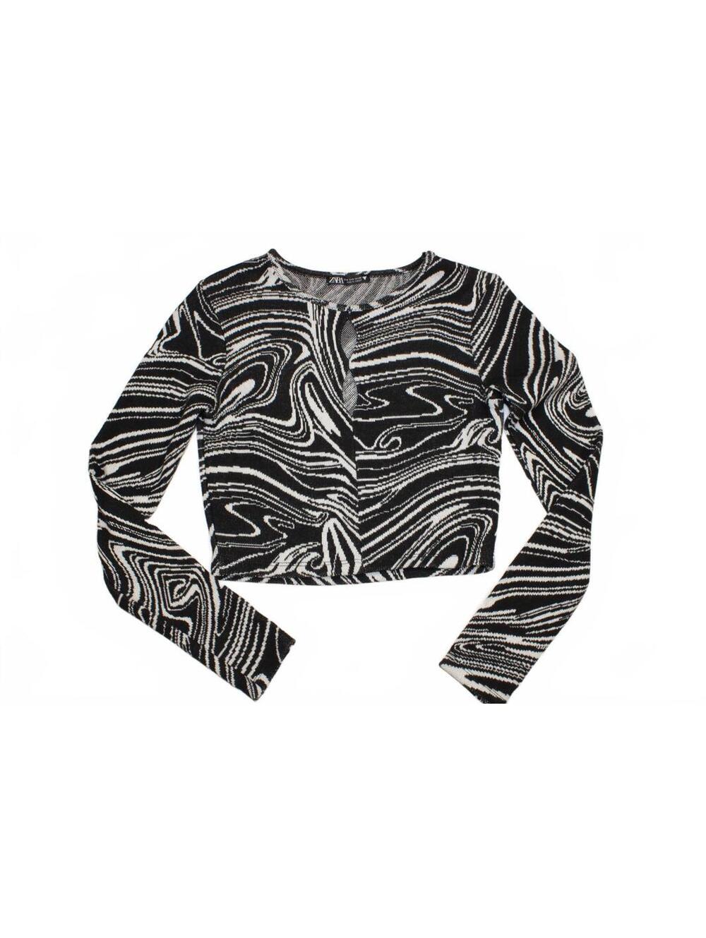 ZARA Black and White Swirl Marble Knit Keyhole Crop Top Long Sleeve Size Small